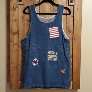 HSTYLE Korean Denim Side Snap Embroidered Patches Mini Dress Size Small